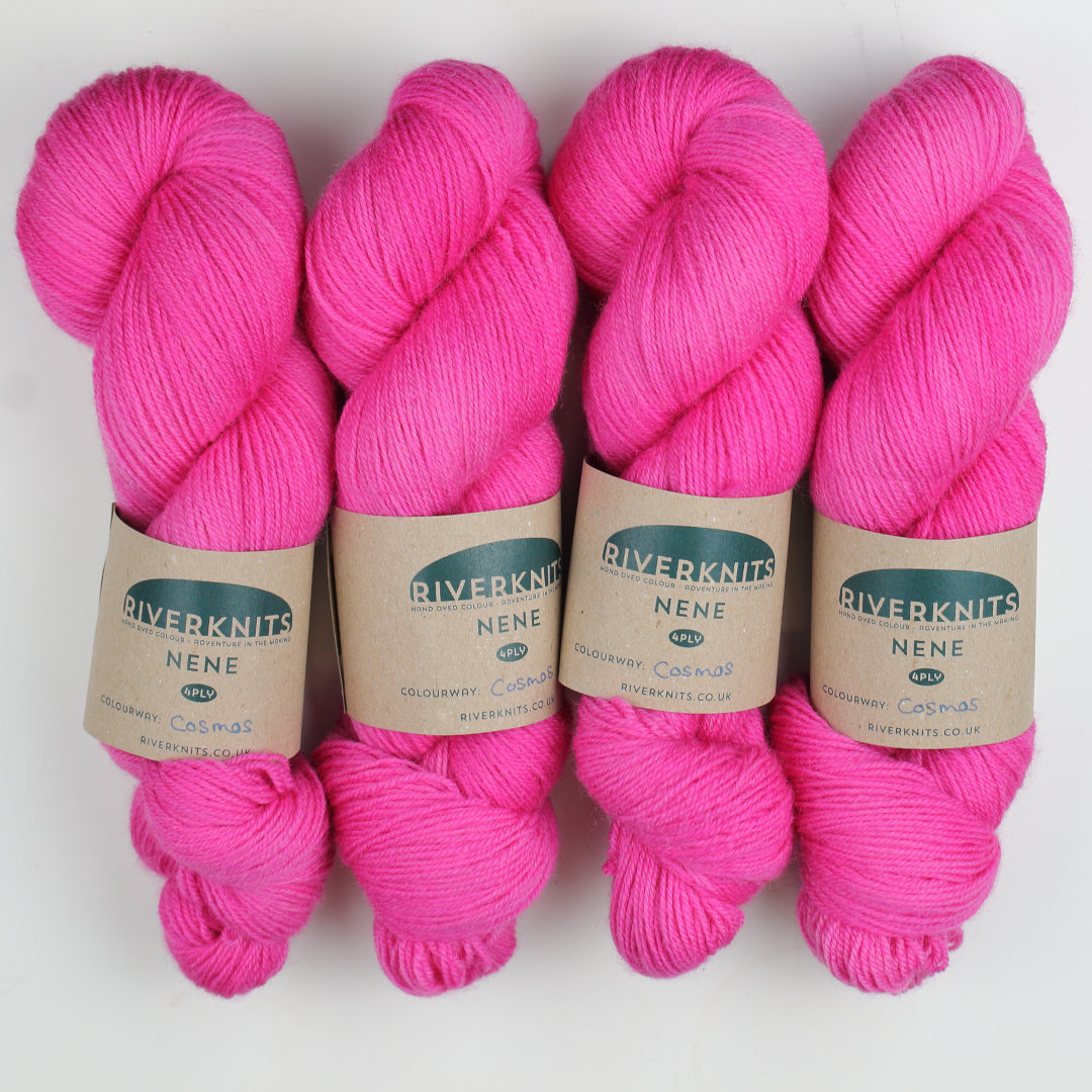 Bright pink skeins of Nene 4 Ply