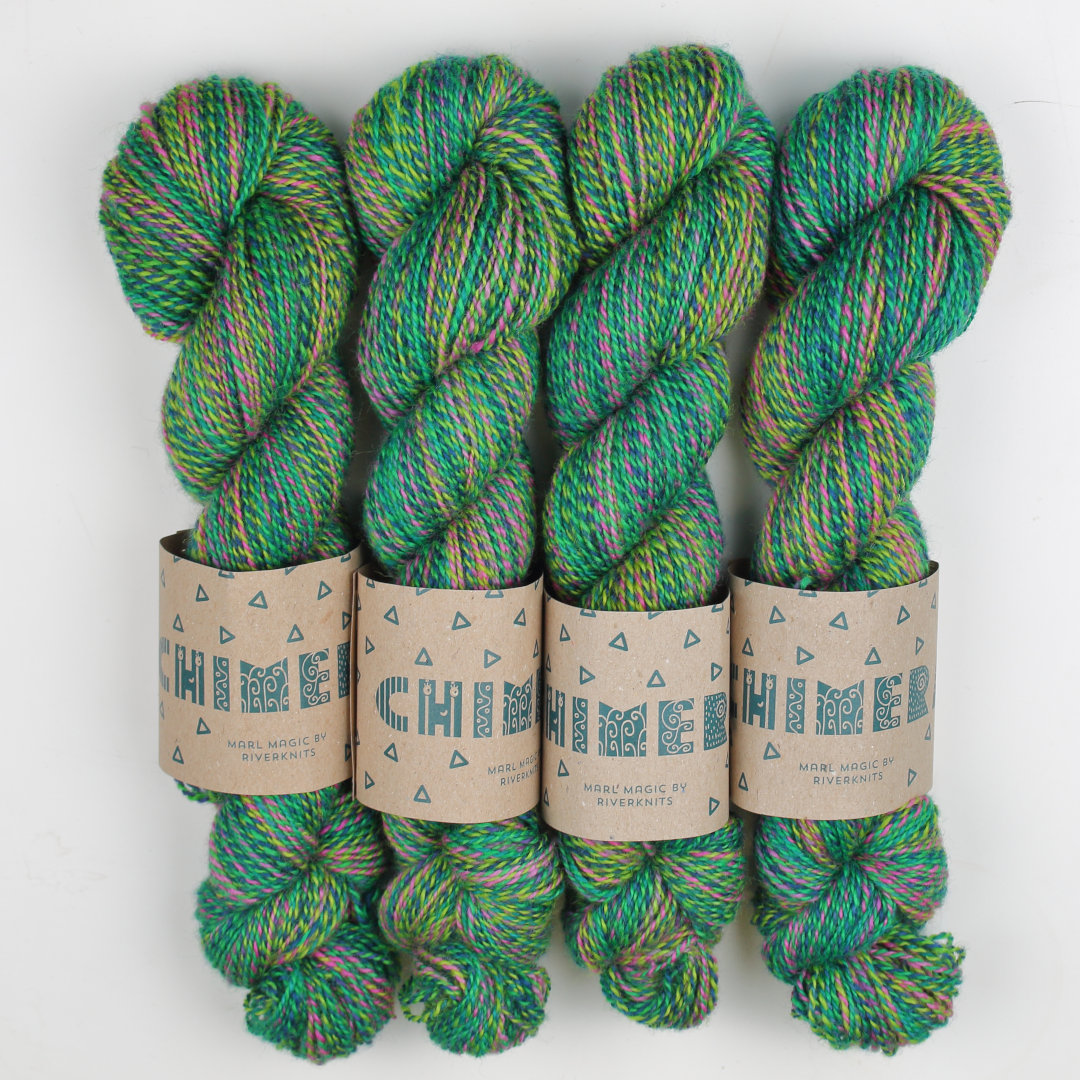 Bright green marled skeins of Chimera