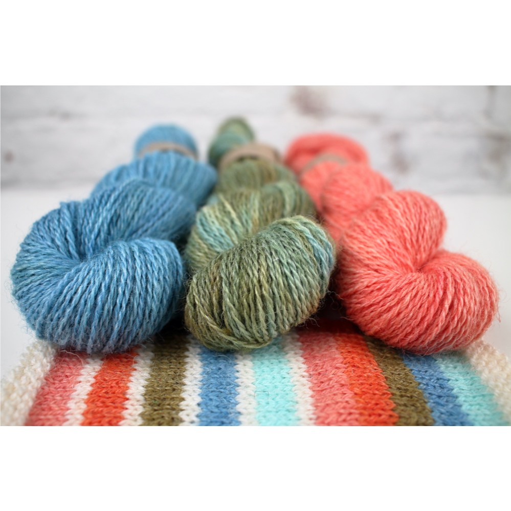 Summerfell colourways Deckchair, Rockpool, and Hermit Crab on top of a knitted swatch