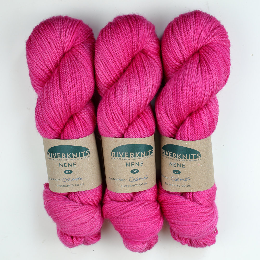 Bright pink skeins of Nene DK