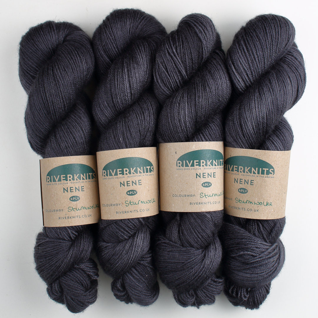 Darkest charcoal grey skeins of Nene 4 Ply