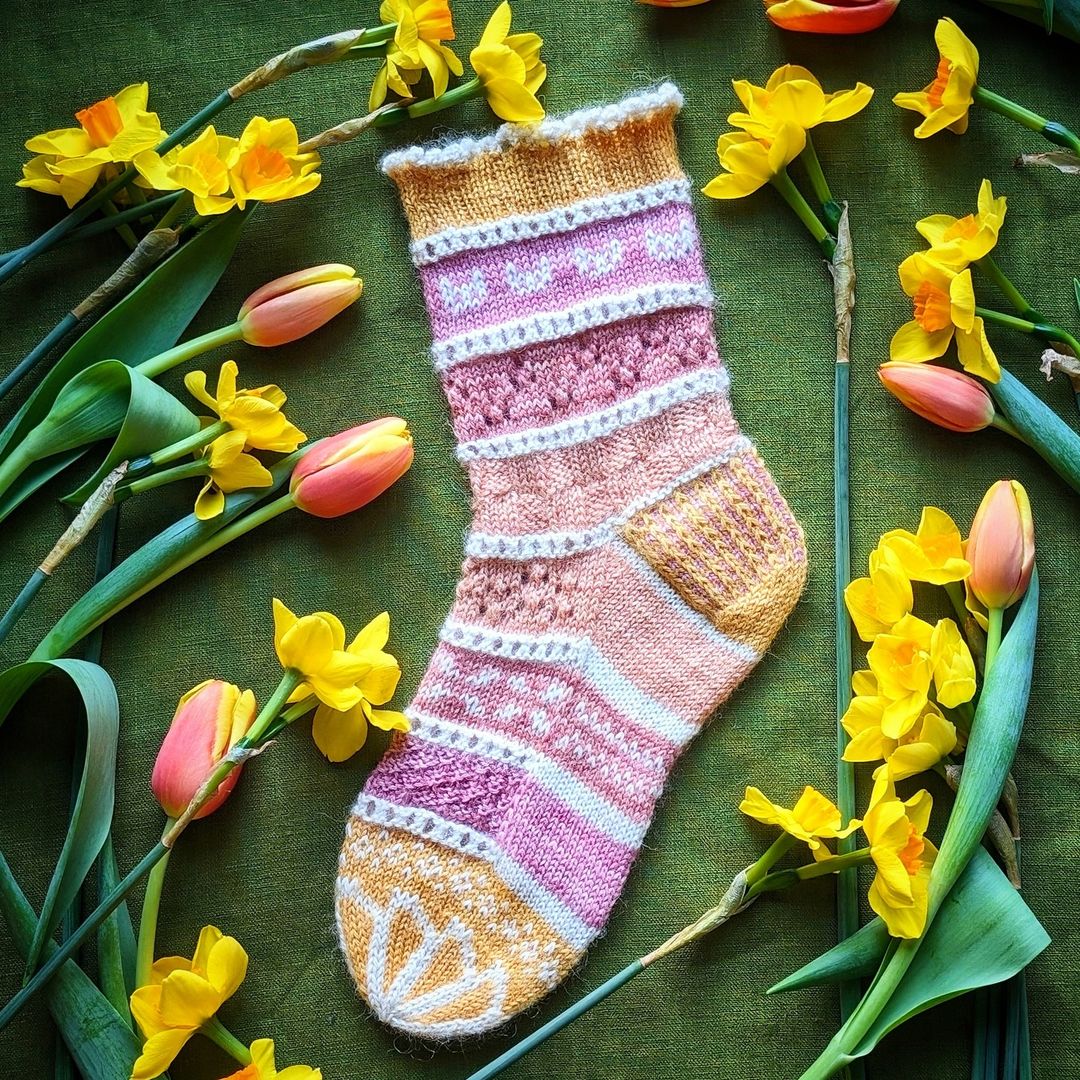 Spring themed patterned sock featuring cats and flowers