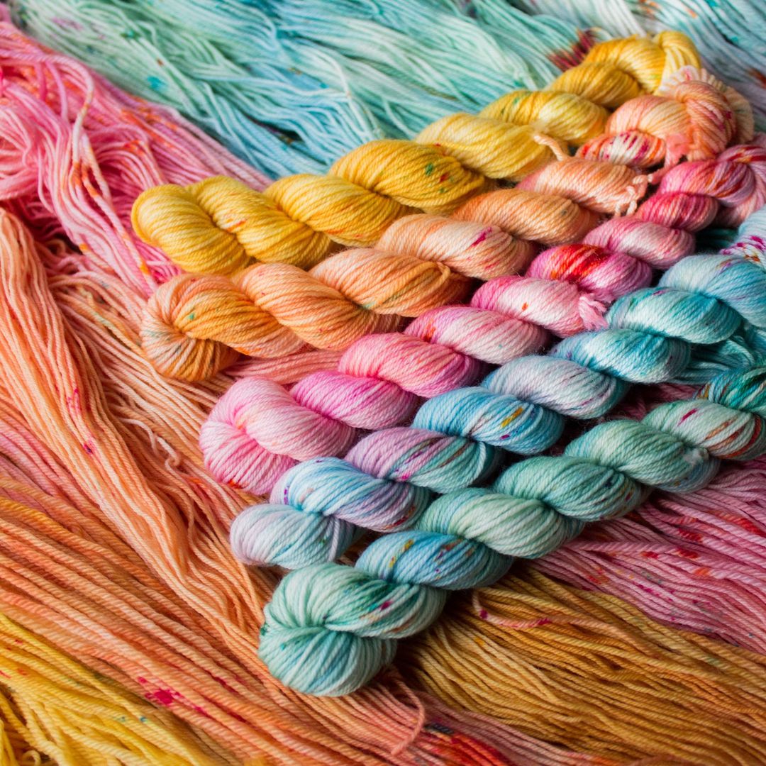A set of brightly coloured mini skeins