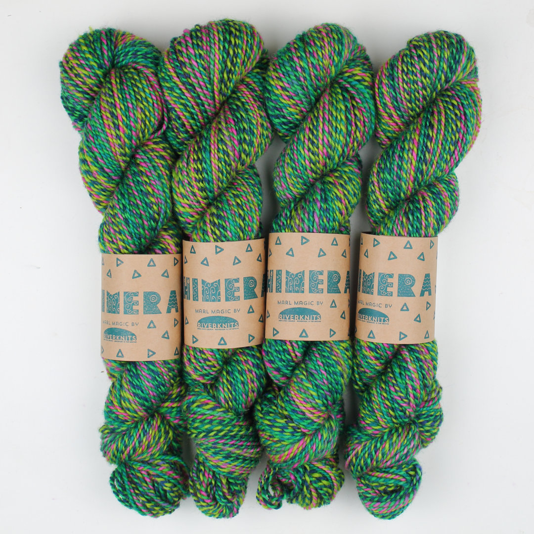 Bright green marled skeins of Chimera
