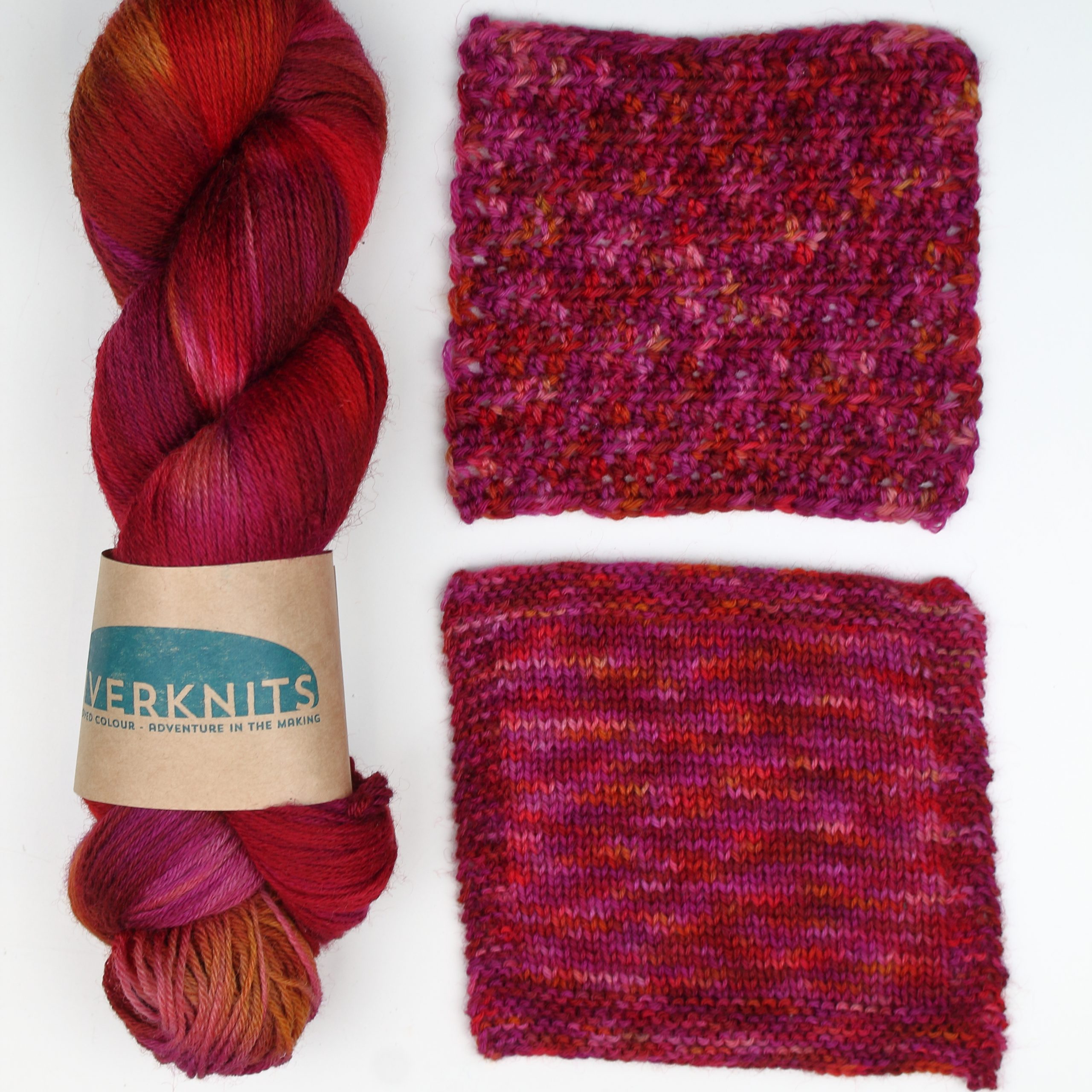 Rainbow Chard swatches showing how the colour works up in knit and crochet.