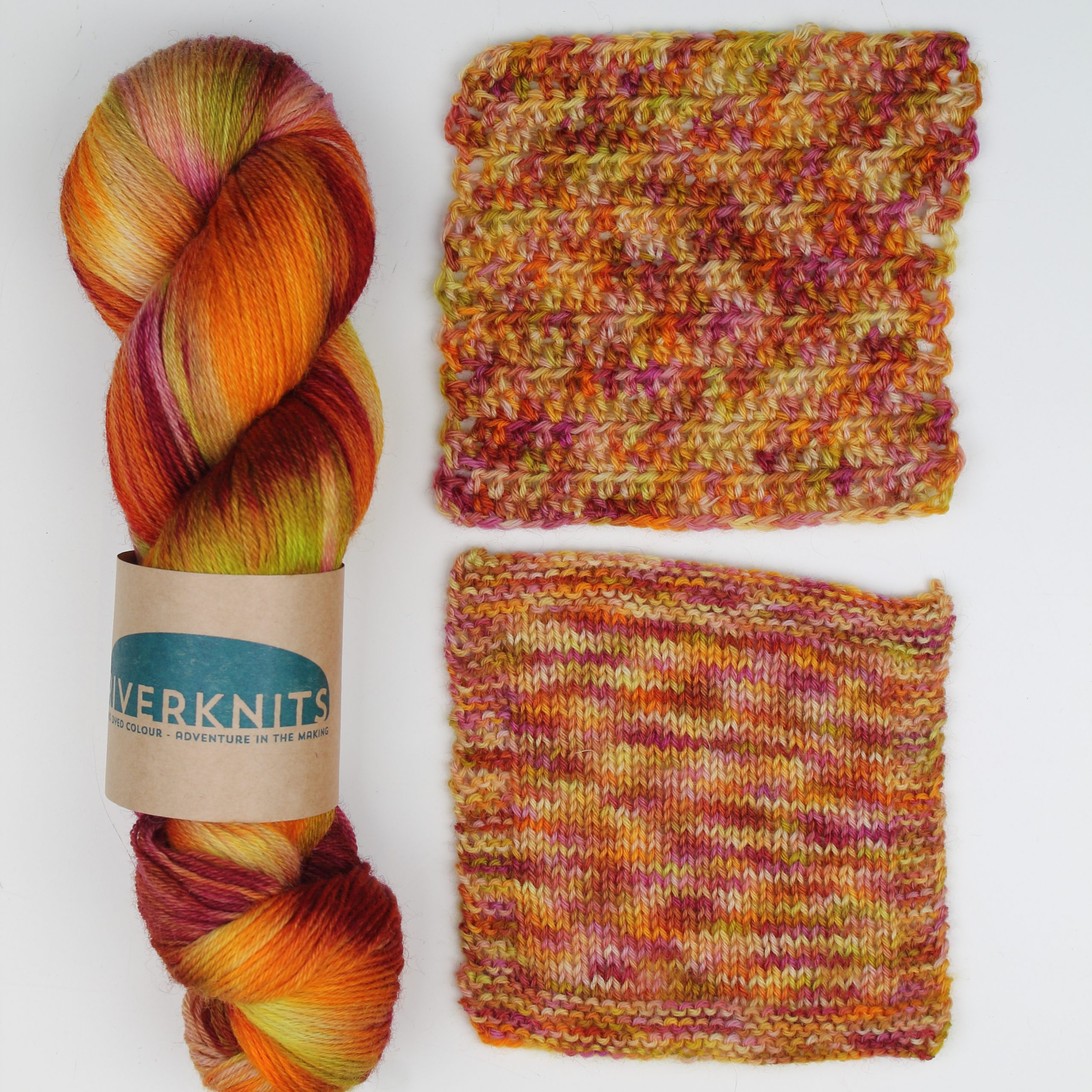 Rhubarb & Custard swatches showing how the colour works up in knit and crochet.