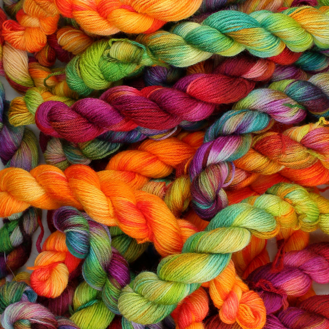 Pile of brightly coloured Wonky Veg mini skeins