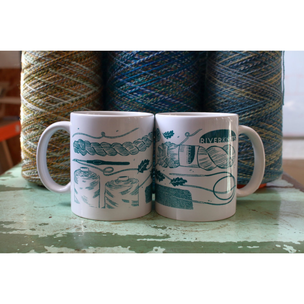 RiverKnits mugs featuring hand drawn design by Emma Britten