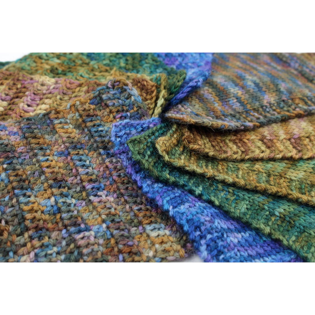 Knit and crochet swatches of all the colourways in the Beachcomber Collection